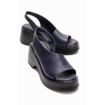 LuviShoes ROY Lacivert Cilt Hakiki Deri Kadın Dolgu Topuklu Sandalet