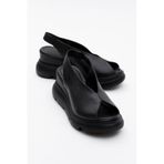Luvishoes Sam Siyah Cilt Hakiki Deri Kadın Dolgu Topuk Sandalet Siyah Deri