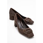 LuviShoes VELORA Kahverengi Desenli Tokalı Kadın Kalın Topuklu Ayakkabı