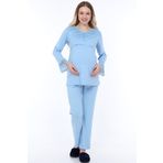 LuvmaBelly MYRA9511 Mavi Dantelli Düğmeli Flaplı Hamile Pijama Takımı