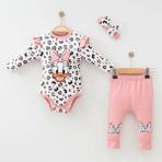 Luvvera Duck Baskılı 3lü Bebek Kıyafet Takımı (Body Tayt Saç Bandı) - 3 - 6 Ay - Pembe - Antrasit - Beyaz
