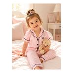 LUVVERA Kız Çocuk Pembe Çizgili Pijama Takımı %100 Pamuklu Yakalı Düğmeli Yazlık Uyku Takımı 1-3 Yaş