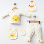 Luvvera Sevimli Ördek Desenli 5 Parça Unisex Bebek Hastane Çıkışı Seti Zıbın Takımı - 0 - 3 Ay - Sarı - Beyaz