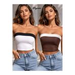 Lux Collection Olyssia - Kadın 2'li Paket Beyaz - Kahverengi Şerit Detaylı Büstiyer Straplez Crop – Vücuda Oturan Esnek Body