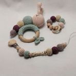Luxury Baby Bliss %100 Organik Amigurumi Tirtil Dis Kasiyici ve Dogal Ahsap Emzik Zinciri 1 Adet - Yeşil