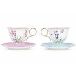 Luxury Collection Porselen Çay Fincan Seti, 2'li, 250cc, Iris ve Kelebek Desenli, Pembe ve Mavi