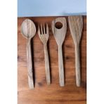 Luxury Zeytin Ağacı 30 cm 4 Parça Ahşap Mutfak Seti, Tahta Kaşık, Çatal, Spatula El Yapımı 1 Adet