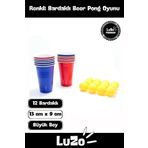 LuZo Premium Seri Özel Gün Eğlence Parti Renkli Büyük 12 Karton Bardak 12 Toplu Beer Pong Oyunu