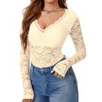 LYANER Kadın Seksi Dantel Bodysuit Derin V Yaka Vücut Takım Elbise Şeffaf Uzun Kollu Slim Fit Leotards Tops, Şampanya, L