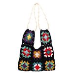 LYEAA Bayanlar örme Vintage çanta etnik tarzı tığ işi omuzdan askili çanta Bohemian Hollow Out inci kayış yaz plaj çantası, siyah