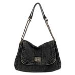 LYEAA Kadın Denim omuzdan askili çanta zincirli rahat omuzdan askili çanta büyük kapasiteli moda Denim Tote çanta seyahat çalışma tarihi parti çantası, siyah, 250*95*140mm/9.84*3.74*5.51inch