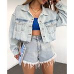 Lyvens Kadın Mavi Oversize Crop Kot Ceket - Altı Kesik Dikişsiz Tasarım Çift Cepli - XL - Buz Mavi