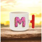 M Harf Donut Tasarımlı Kırmızı T Kulplu Seramik Baskılı Kupa Bardak 250 ml - 010 - Beyaz