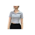 m marlo Kadın Polo Yaka Fitilli Yumuşak Dokulu Crop Bluz (Gri, Standart)