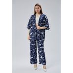 M MOONCOVER Mooncover Kadın Rahat Yazlık Kimono ve Cepli Bol Pantolon İkili Takım – Lacivert/Beyaz