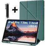 M.tk moveteck Apple iPad Pro 13 Inç 2024 (M4) Uyumlu Tablet Kılıfı Kalem Bölmeli Standlı Yumuşak Silikon + Dokunmatik Kalem Pro 7.neli - İpad Pro 13'' 2024 7.Nesil - Koyu Yeşil
