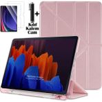 M.TK Moveteck Ipad Air 11 Inç M2 M3 M4 Çip Air 4. /5. /6./7. Nesil Kılıf Kalem Bölmeli Katlanabilir Standlı Yumuşak Silikon Kapak + Ekran Koruyucu Cam + Dokunmatik Kalem 3'lü Set - İpad Air 11 - Air 4 5 6 - Rose Gold
