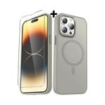 m.tk moveteck iPhone 15 Pro Max ile Uyumlu Kılıf, Mat Magsafe Şarj Özellikli, Yumuşak Renkli Kapak + Ekran Koruyucu Cam Set, Gri