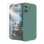 M.TK moveteck İphone 16 Plus Kılıf Kamera Korumalı Yumuşak Renkli Silikon + 9H Ekran Koruyucu Cam 2in1 Set, Koyu Yeşil, Tek Ebat, firstSET-iphone16plus-yeşil