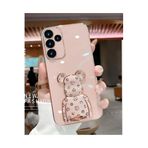 M.TK moveteck Samsung Galaxy A05s Kılıf Sevimli Baby Şirin Ayıcık Standlı Parlak Altın Gold Kenarlı Renkli Şeritli, Pembe, Tek Ebat, ayıcık-a05s-pembe