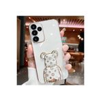 M.TK moveteck Samsung Galaxy A25 Kılıf Sevimli Baby Şirin Ayıcık Standlı Parlak Altın Gold Kenarlı Renkli Şeritli, Beyaz, Tek Ebat, ayıcık-a25-beyaz