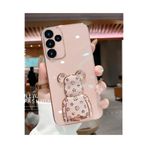M.TK moveteck Samsung Galaxy A25 Kılıf Sevimli Baby Şirin Ayıcık Standlı Parlak Altın Gold Kenarlı Renkli Şeritli, Pembe, Tek Ebat, ayıcık-a25-pembe