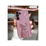 M.TK moveteck Samsung Galaxy A35 Kılıf Sevimli Baby Şirin Ayıcık Standlı Parlak Altın Gold Kenarlı Renkli Şeritli, Mor, Tek Ebat, ayıcık-a35-mor
