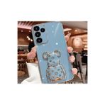 M.TK moveteck Samsung Galaxy M34 Kılıf Sevimli Şirin Ayıcık Standlı Parlak Altın Gold Kenarlı Renkli Şeritli Kapak, Mavi, Tek Ebat, ayıcık-M34-mavi123