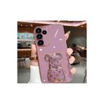 M.TK moveteck Samsung Galaxy M34 Kılıf Sevimli Şirin Ayıcık Standlı Parlak Altın Gold Kenarlı Renkli Şeritli Kapak, Mor, Tek Ebat, ayıcık-M34-mor123