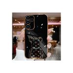 M.TK moveteck Samsung Galaxy M34 Kılıf Sevimli Şirin Ayıcık Standlı Parlak Altın Gold Kenarlı Renkli Şeritli Kapak, Siyah, Tek Ebat, ayıcık-M34-siyah123