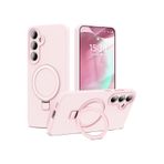 m.tk moveteck Samsung Galaxy S24 Fe ile Uyumlu Kılıf, Magsafe Halkalı, Extra Standlı, İçi Kadife Yumuşak Silikon Kapak, Açık Pembe