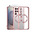 m.tk moveteck Samsung Galaxy S24 Ultra ile Uyumlu Kılıf, Magsafe, Renkli Kenarlı, Arkası Şeffaf Silikon, Ekran Koruyucu Cam Set, Rose Gold