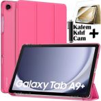 M.TK Moveteck Samsung Galaxy Tab A11/A9 8.7 Inç Tablet Kılıfı Akıllı Smart Uyku Modlu Katlanabilir Arkası Şeffaf Standlı Kılıf + Cam + Kalem 3'lü Set - Pembe