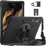 M.TK Moveteck Samsung Galaxy Tab S7 ve S8 Plus 12.4 Kılıf Defender Kalem Bölmeli Standlı Renkli Boyun Askılı 360 Zırh - S7 Plus - Siyah