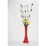 M3 Decorium 60 cm Desenli Kırmızı Vazo 5 adet Beyaz Üzüm Ve Sarı Gül