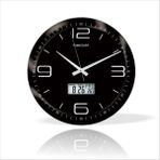 M3 Decorium Bombe Camlı Termometreli Isı Ölçerli Gün Ay Dijitalli Sessiz Duvar Saati Büyük Siyah Zeminli 35 cm