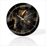 M3 Decorium Büyük 35CM Siyahi Kadın Desenli Sessiz Saniye Bombe Camlı Ev Ofis Okul Duvar Saati - 35 x 35 cm - Siyah - Gold