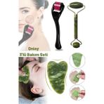 Macgon 3lü Masaj Seti Dermaroller 0.5mm| Yeşil Yeşim Taşı|gua Sha Cilt Bakım Masaj