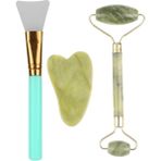 Macgon Çift Taraflı Jade Roller Yeşim Taşı Seti + 2li Silikon Maske Sürme Fırçası Cilt Bakım Seti