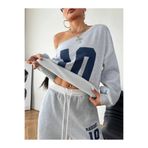 Machetta Kadın Gri 10 Baskılı Kayık Yaka Sweatshirt Beyaz Bel Detaylı Eşofman Altı İkili Alt Üst Takım