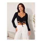 Machetta Kadın V Yaka Bel Dekolteli Büzgülü Uzun Kollu Crop Bluz