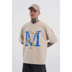 Machinist Erkek Crane Bird Baskılı Oversize Açık Bej Tişört - Soft Beige