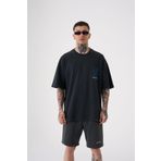 Machinist Onenıne87 Baskılı Siyah-Mavi Yıkamalı Oversize Erkek T-shirt