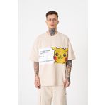 Machinist Pikachu Baskılı Oversize Açık Bej Erkek T-shirt