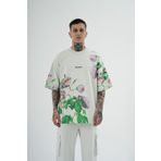 Machinist Rose Flower Baskılı Gri Oversize Erkek T-shirt