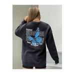 MacroGiyim Kadın Siyah Oversize Mavi Kelebek Sırt Baskılı Sweatshirt