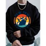 Madafakas Çift Silahlı Kedi Baskılı Erkek Kapüşonlu Üstü Sonbahar Polar Sıcak Sweatshirt Günl - Siyah - 2XL