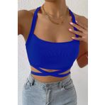 MADALİNA Kadın Saks Mavi Kaşkorse Kumaş Çapraz Askılı Bağlamalı Crop Top Bluz
