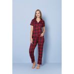 Madame Clara Önden Düğmeli Pegasus Kısa Kollu Kadın Pijama Takımı - Kırmızı - Siyah - 2XL