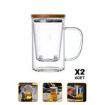 Madamev 2li Borosilikat Cam Süzgeçli Bambu Kapaklı Kupa Kulplu Demlik Tarz Çift Kat Bitki Çay Bardağı 600ml